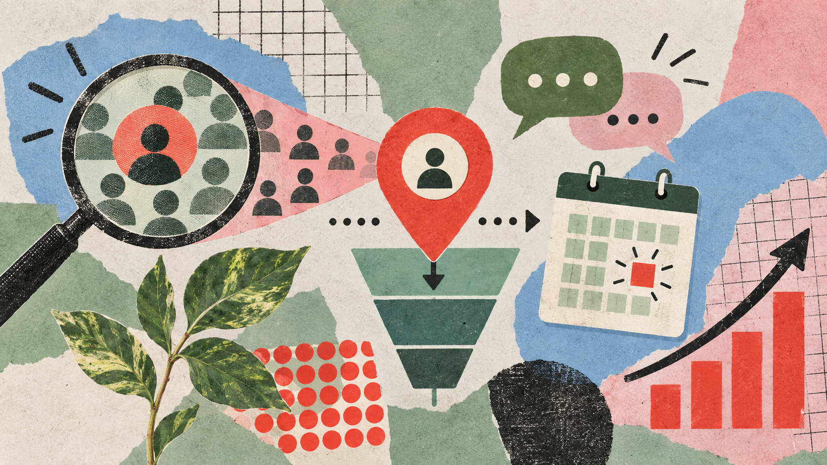 A collage: a magnifier finding one customer in a crowd, leads moving through a funnel to a pinned booking, then a calendar and a rising revenue chart.